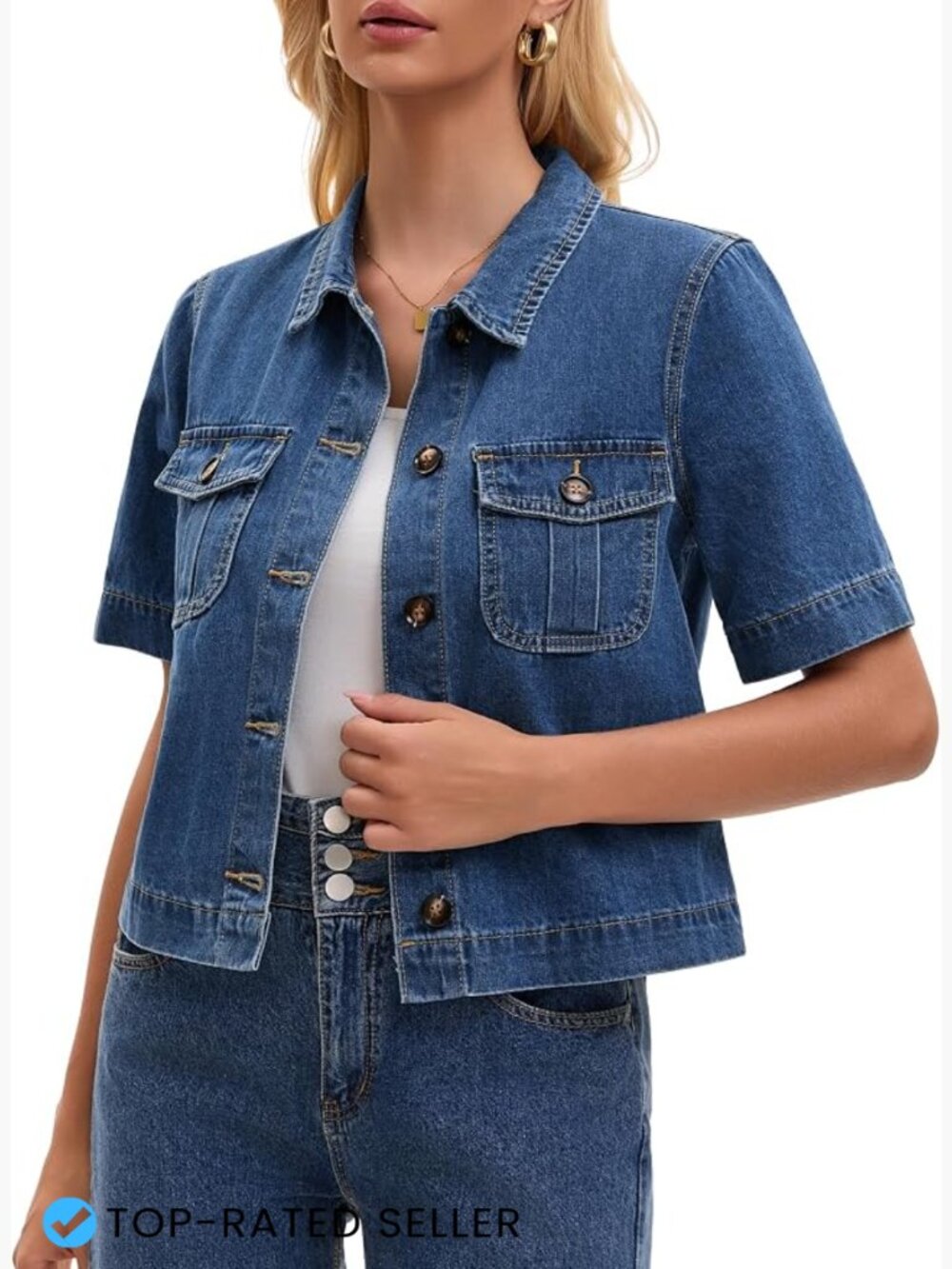Women's Denim Jacket Short Sleeve Casual Cropped Vintage Wash